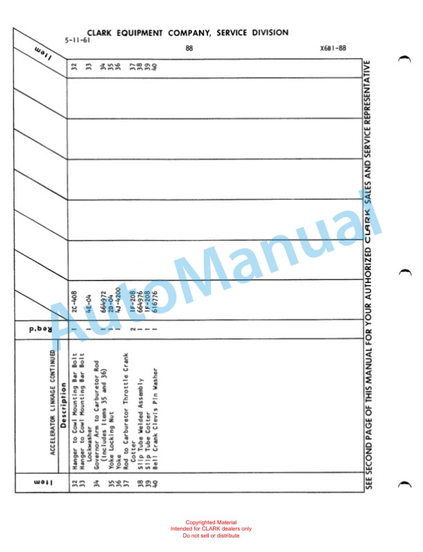 Clark Clarklift F40B Maintenance Manual and Parts Book X6B1 2 Clark Clarklift F40B Maintenance Manual and Parts Book X6B1-2