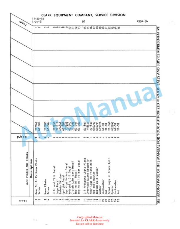 Clark Clarklift Model CY 180s Maintenance Manual and Parts Book X59A 3 Clark Clarklift Model CY 180s Maintenance Manual and Parts Book X59A-3