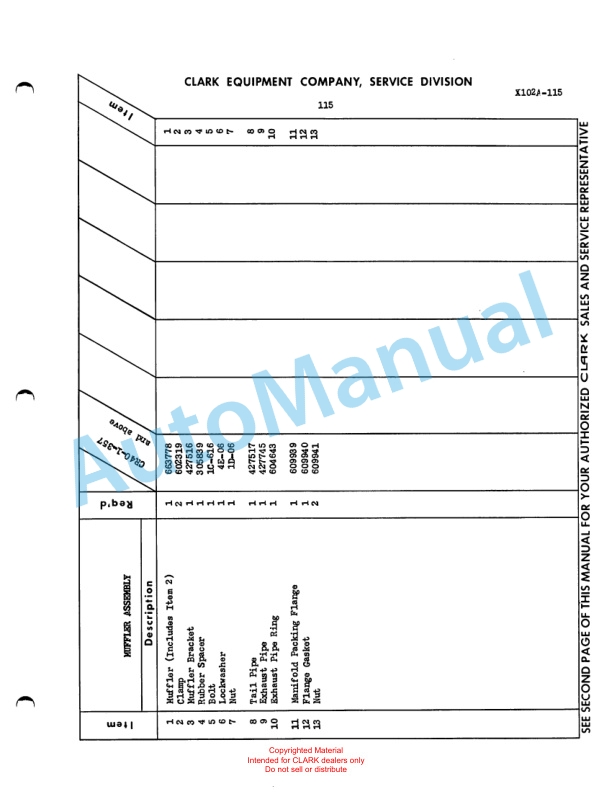 Clark Clarklift Ranger 40 Maintenance Manual and Parts Book X102A 5 Clark Clarklift Ranger 40 Maintenance Manual and Parts Book X102A-5