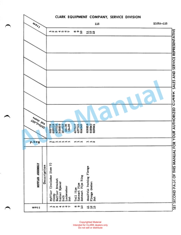 Clark Clarklift Ranger 60 Maintenance Manual and Parts Book X103A 5 Clark Clarklift Ranger 60 Maintenance Manual and Parts Book X103A-5