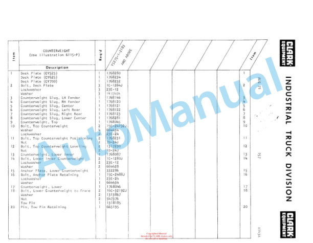Clark Clarklift Y 5275 CY 525, 625, 700 Diesel Parts Book X143A 2303 4 Clark Clarklift Y 5275 CY 525, 625, 700 Diesel Parts Book X143A 2303-4