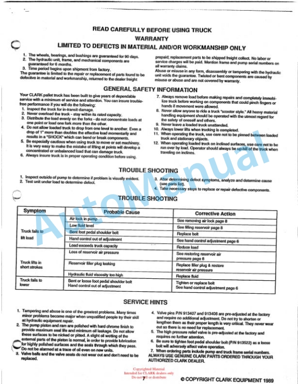Clark CPT E45 Hand Hydraulic Pallet Truck Service and Parts Manual 5 Clark CPT E45 Hand Hydraulic Pallet Truck Service and Parts Manual-5
