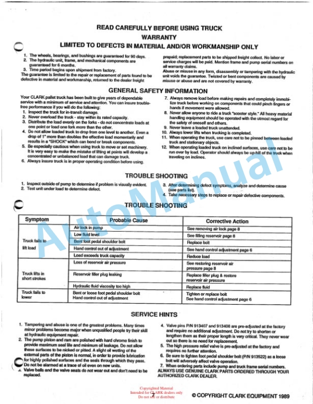 Clark CPT T50 Hand Hydraulic Pallet Truck Service and Parts Manual 4 Clark CPT T50 Hand Hydraulic Pallet Truck Service and Parts Manual-4