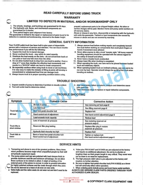 Clark CPT T55 Hand Hydraulic Pallet Truck Service and Parts Manual 5 Clark CPT T55 Hand Hydraulic Pallet Truck Service and Parts Manual-5