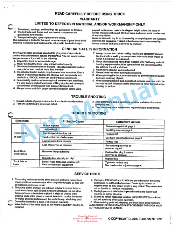 Clark CPT T65 Hand Hydraulic Pallet Truck Service and Parts Manual 4 Clark CPT T65 Hand Hydraulic Pallet Truck Service and Parts Manual-4