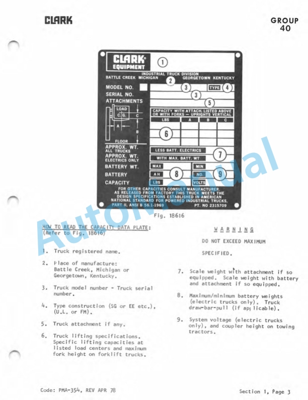 Clark CTA 30, CTA 40, CTA 50D Planned Maintenance and Adjustment Procedures Manual PMA-343 5 Clark CTA 30, CTA 40, CTA 50D Planned Maintenance and Adjustment Procedures Manual PMA-343-5