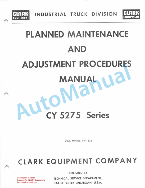 Clark CY 5275 Series Planned Maintenance and Adjustment Procedures Manual PMA-229
