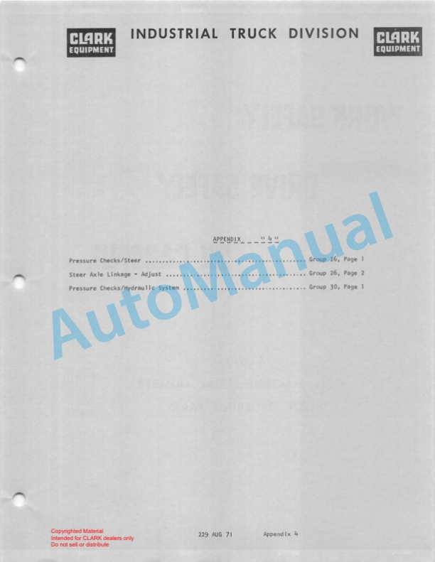 Clark CY 5275 Series Planned Maintenance and Adjustment Procedures Manual PMA-229 5 Clark CY 5275 Series Planned Maintenance and Adjustment Procedures Manual PMA-229-5