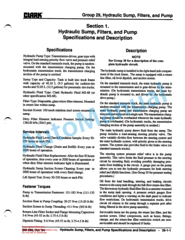 Clark Genesis Series Trucks Service Manual SM-598 3 Clark Genesis Series Trucks Service Manual SM-598-3