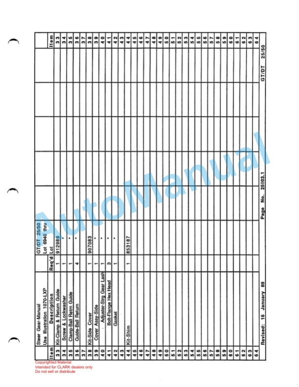 Clark GT, DT 25 Towing Tractor Parts Book X164 6940 4 Clark GT, DT 25 Towing Tractor Parts Book X164 6940-4