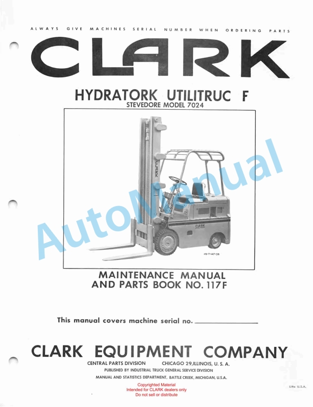 Clark Hydratork Utilitruc F Maintenance Manual and Parts Book 117F