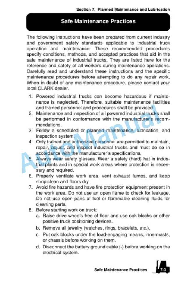 Clark Internal Combustion Lift Truck Operator Manual OM-670 3 Clark Internal Combustion Lift Truck Operator Manual OM-670-3