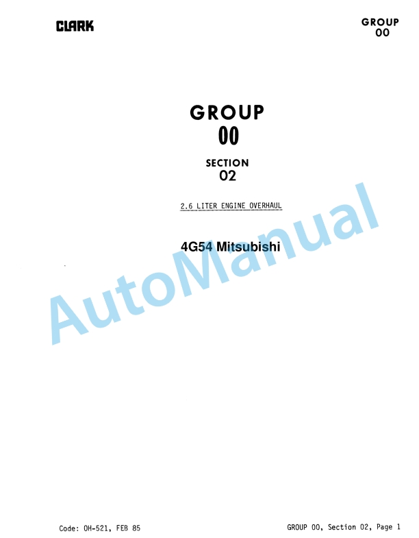 Clark Mitsubishi-4G54 2.6 Liter Engine Overhaul Service Manual