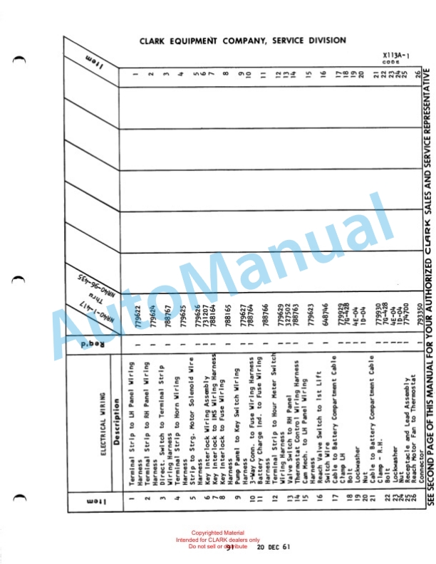 Clark Narrow Aisle Reach Truck Maintenance Manual and Parts Book X113A-1 567 4 Clark Narrow Aisle Reach Truck Maintenance Manual and Parts Book X113A-1 567-4