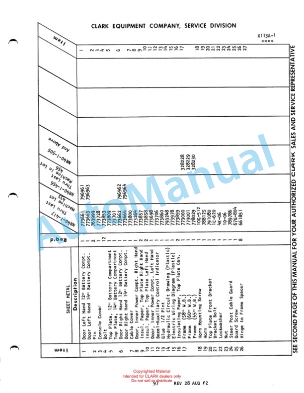 Clark Narrow Aisle Reach Truck Maintenance Manual and Parts Book X113A-1 567 5 Clark Narrow Aisle Reach Truck Maintenance Manual and Parts Book X113A-1 567-5