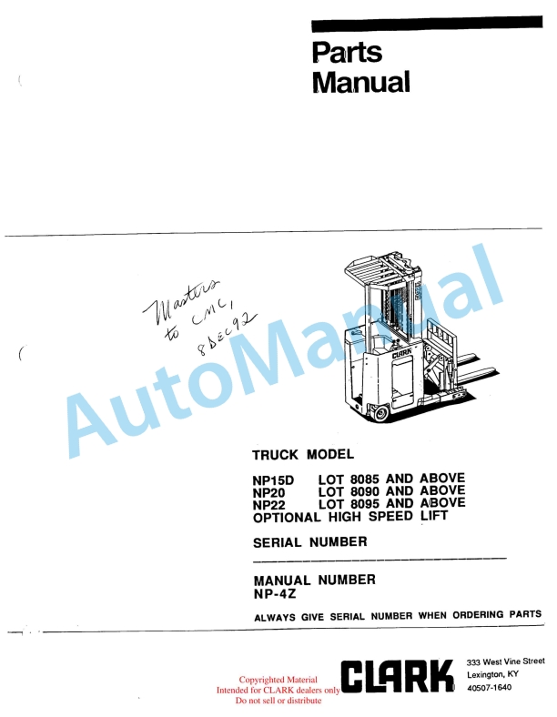 Clark NP15D, NP20, NP22 Truck Parts Manual NP-4Z