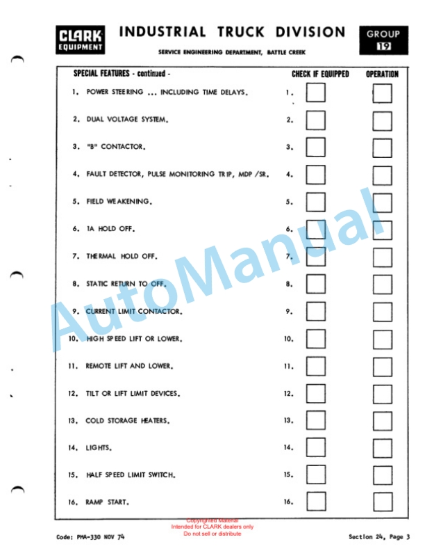 Clark NP500 Narrow Aisle Planned Maintenance and Adjustment Procedures Manual PMA-330 2 Clark NP500 Narrow Aisle Planned Maintenance and Adjustment Procedures Manual PMA-330-2