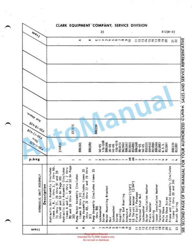 Clark Powrworker P30 Maintenance Manual and Parts Book X123A 3 Clark Powrworker P30 Maintenance Manual and Parts Book X123A-3