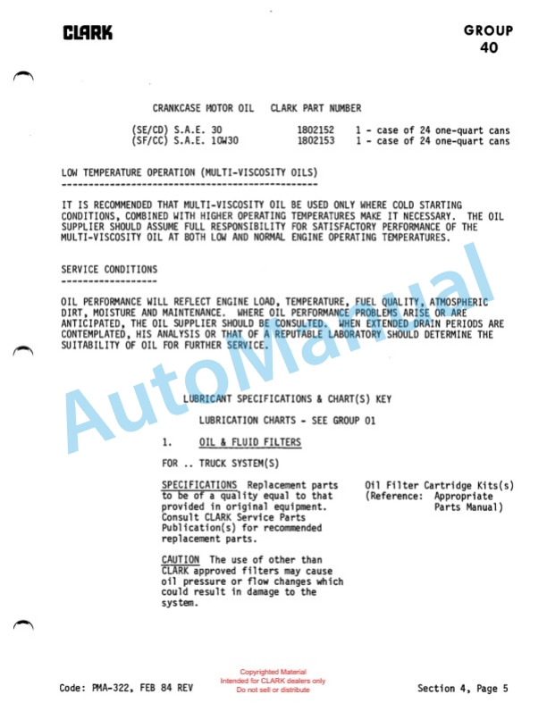 Clark PT 5, PT 7 Planned Maintenance and Adjustment Procedures Manual PMA-528 5 Clark PT 5, PT 7 Planned Maintenance and Adjustment Procedures Manual PMA-528-5