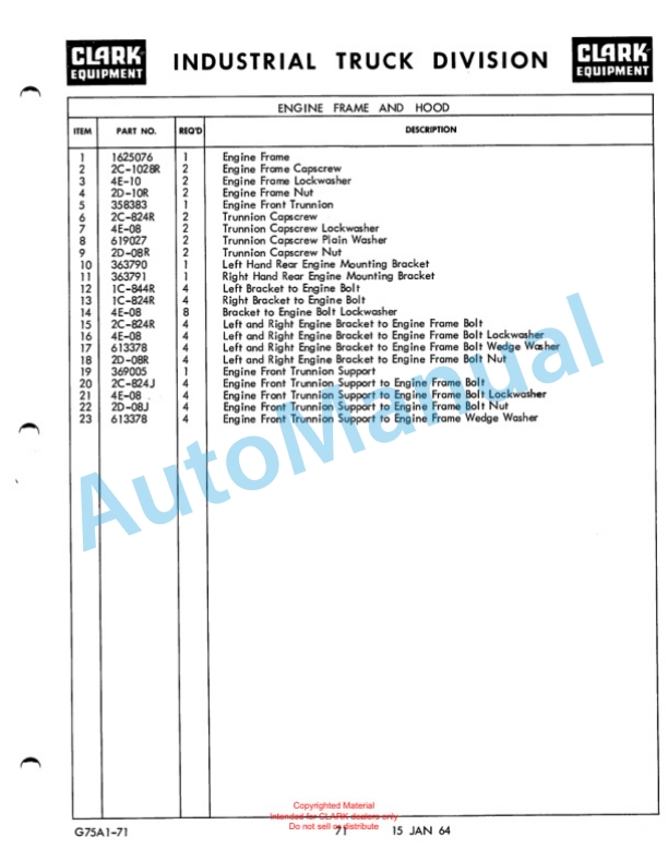 Clark Series 100 Straddle Carrier Maintenance Manual and Parts Book GX75A1 2 Clark Series 100 Straddle Carrier Maintenance Manual and Parts Book GX75A1-2