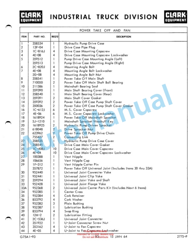 Clark Series 100 Straddle Carrier Maintenance Manual and Parts Book GX75A1 3 Clark Series 100 Straddle Carrier Maintenance Manual and Parts Book GX75A1-3