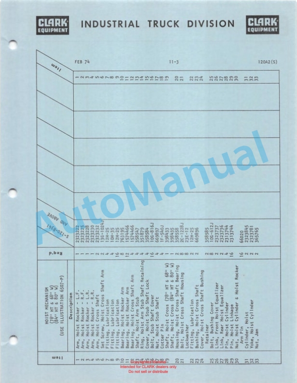 Clark Series 120 Straddle Carrier Parts Book 120A2 2 Clark Series 120 Straddle Carrier Parts Book 120A2-2