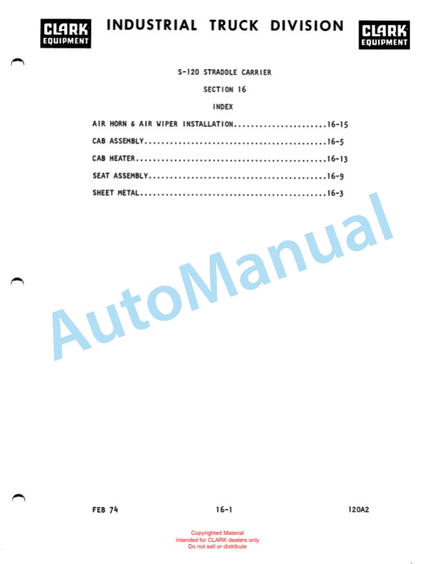 Clark Series 120 Straddle Carrier Parts Book 120A2 4 Clark Series 120 Straddle Carrier Parts Book 120A2-4
