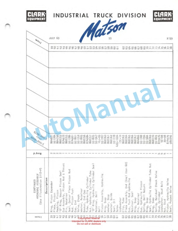 Clark Series 510 Van Carrier Parts Book X139 2 Clark Series 510 Van Carrier Parts Book X139-2