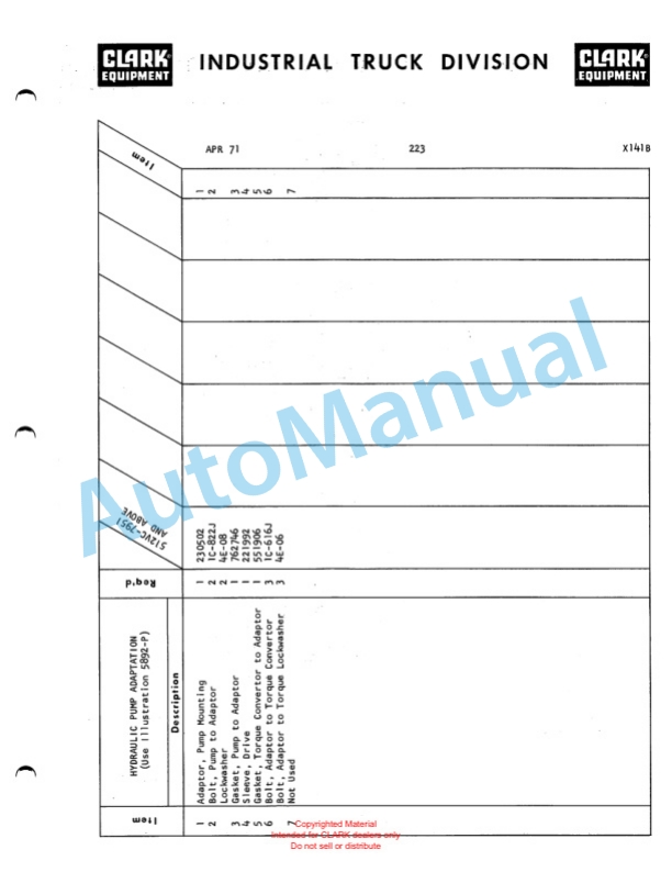 Clark Series 512 Van Carrier Parts Book X141B 4 Clark Series 512 Van Carrier Parts Book X141B-4