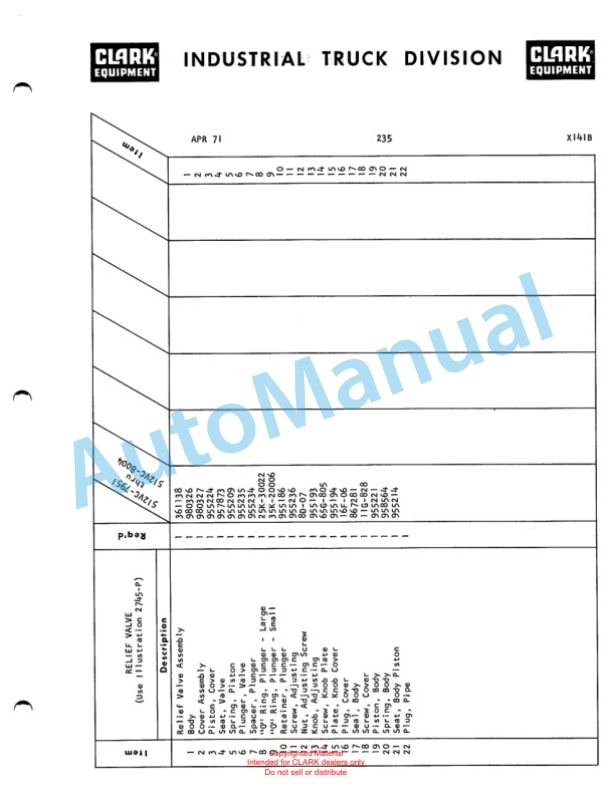 Clark Series 512 Van Carrier Parts Book X141B 5 Clark Series 512 Van Carrier Parts Book X141B-5