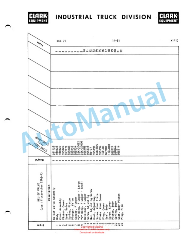 Clark Series 512 Van Carrier Parts Book X141C 4 Clark Series 512 Van Carrier Parts Book X141C-4