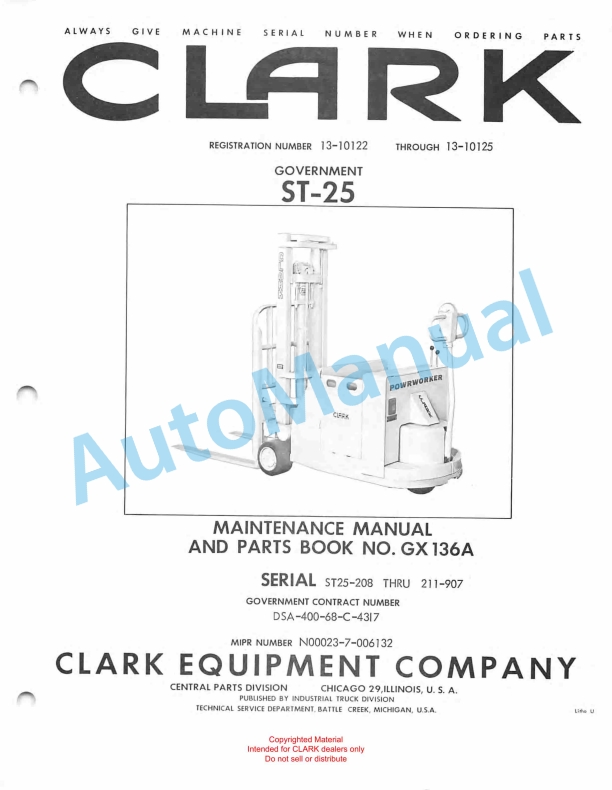 Clark ST-25 Maintenance Manual and Parts Book GX 136A