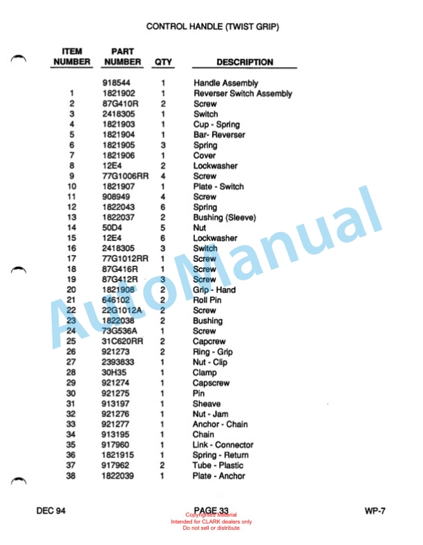 Clark WP40 Truck Parts Manual WP-7 2 Clark WP40 Truck Parts Manual WP-7-2