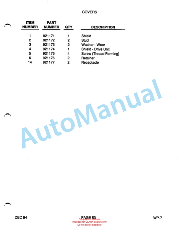 Clark WP40 Truck Parts Manual WP-7 5 Clark WP40 Truck Parts Manual WP-7-5
