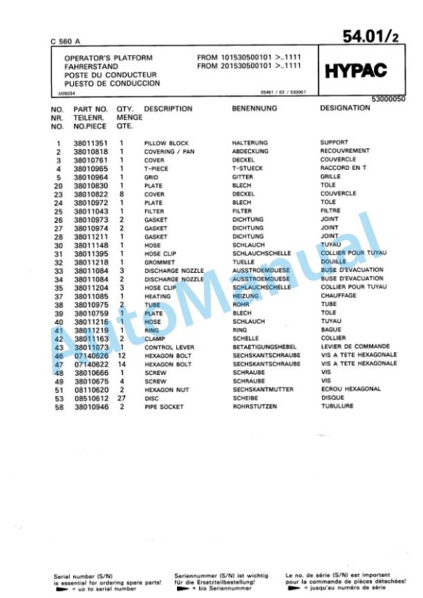 Hypac C 560 A Pneumatic Tyred Roller Spare Parts Catalogue 00810906-3