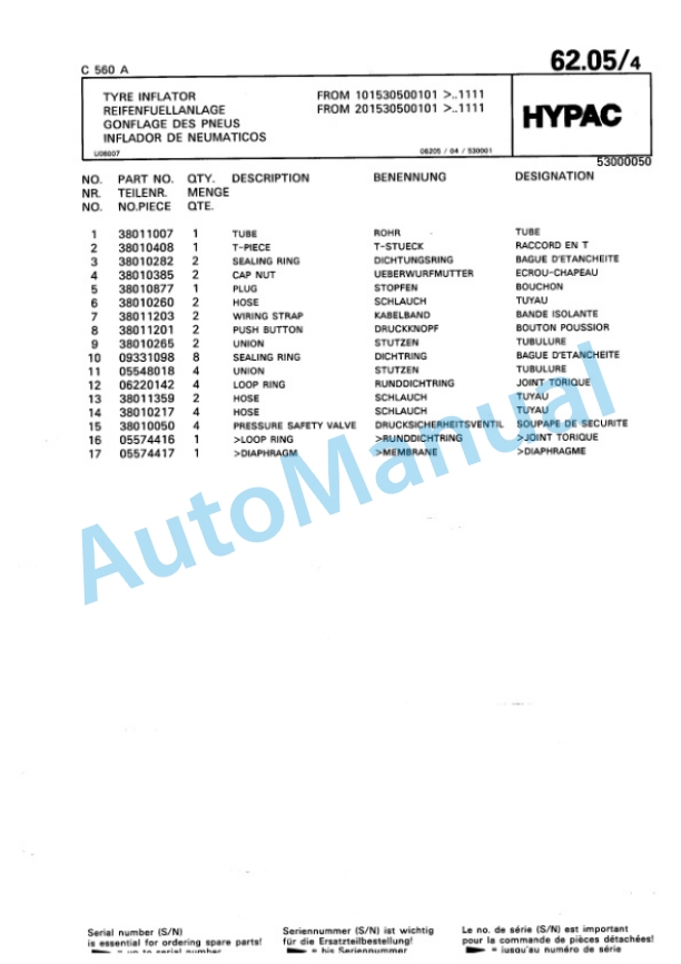 Hypac C 560 A Pneumatic Tyred Roller Spare Parts Catalogue 00810906-4