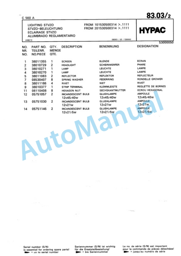 Hypac C 560 A Pneumatic Tyred Roller Spare Parts Catalogue 00810906-5