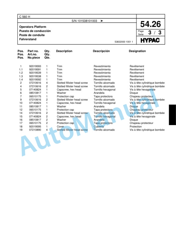 Hypac C 560 H Pneumatic Tired Roller Spare Parts Catalogue 00818281-2