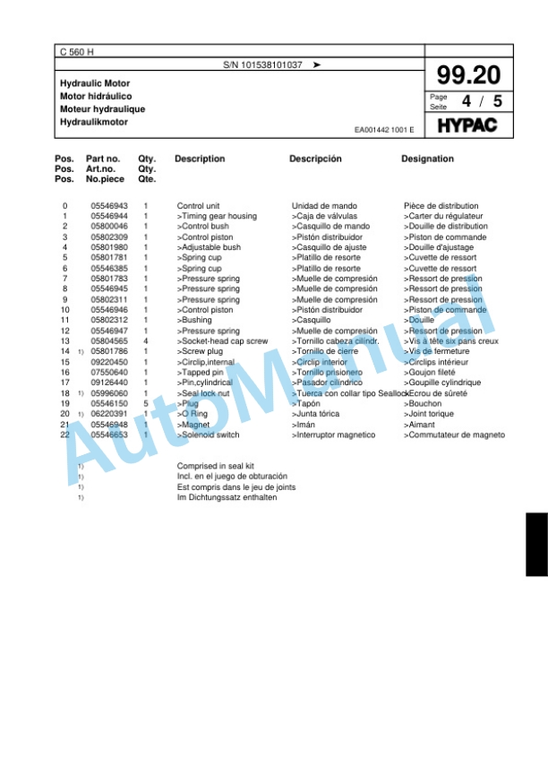 Hypac C 560 H Pneumatic Tired Roller Spare Parts Catalogue 00818281-3