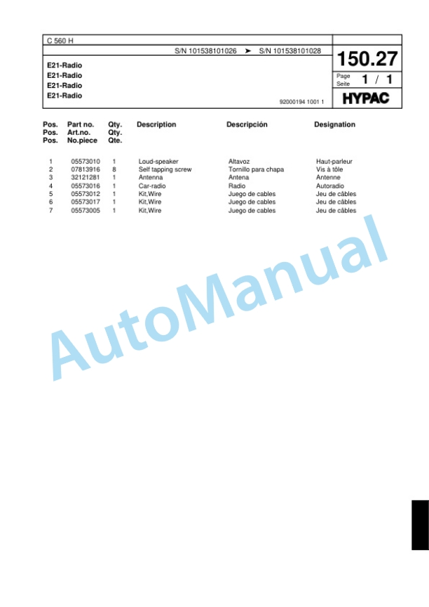 Hypac C 560 H Pneumatic Tired Roller Spare Parts Catalogue 00818281-4