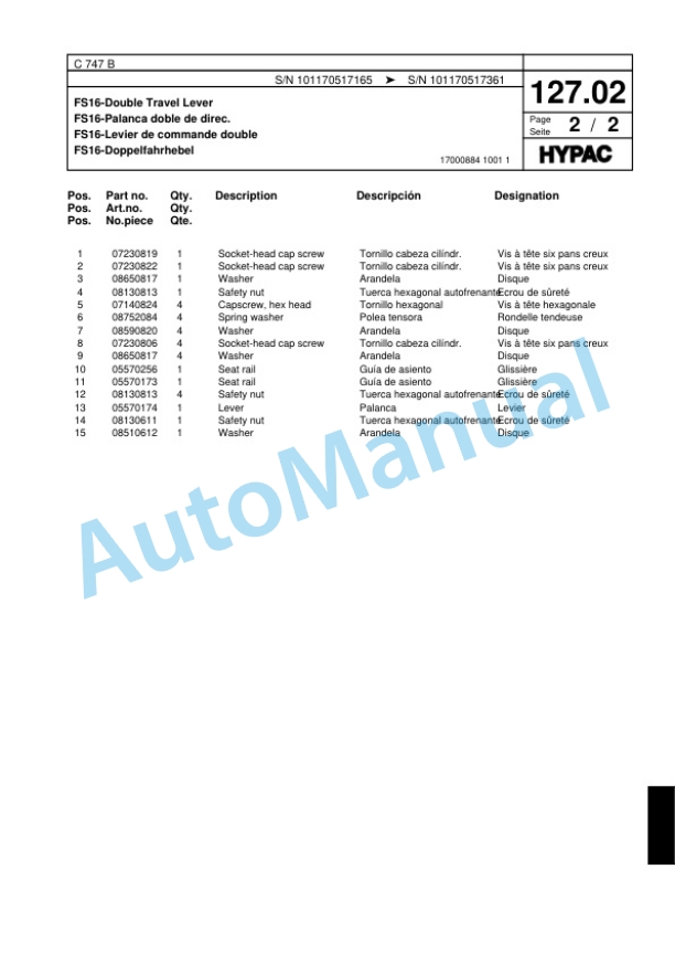 Hypac C 747 B Tandem Vibratory Roller Spare Parts Catalogue 00817571-5