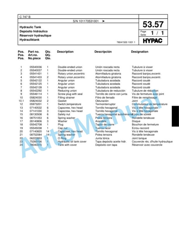 Hypac C 747 B Tandem Vibratory Roller Spare Parts Catalogue 00817849-3