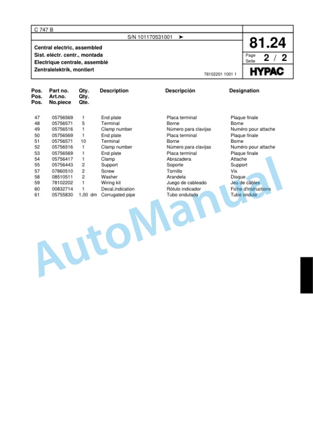 Hypac C 747 B Tandem Vibratory Roller Spare Parts Catalogue 00817849-4