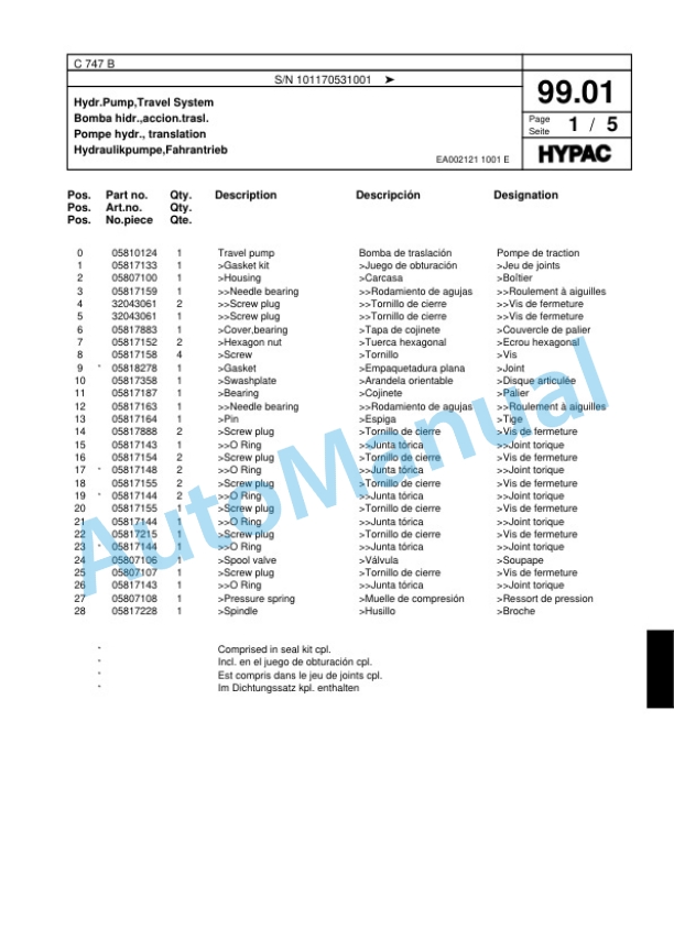 Hypac C 747 B Tandem Vibratory Roller Spare Parts Catalogue 00817849-5