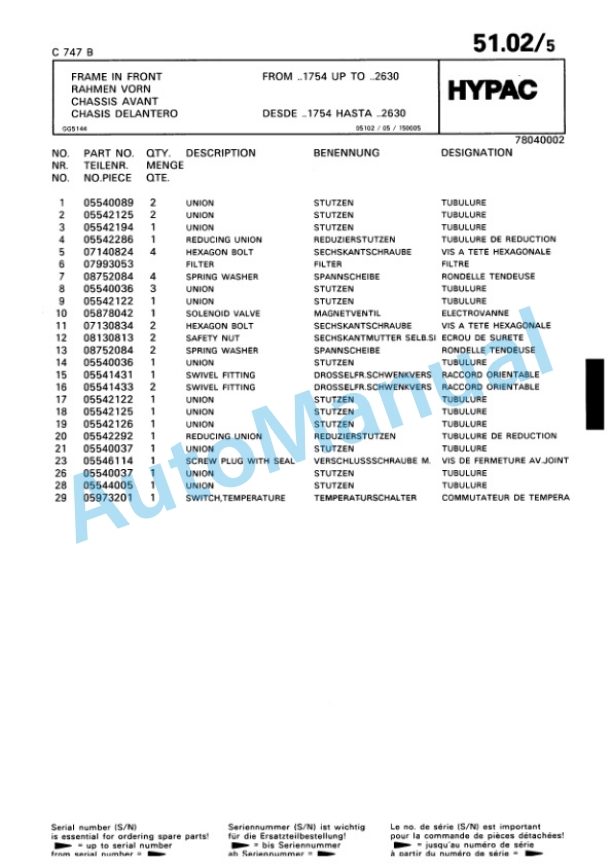 Hypac C 747 B Vibratory Double Drum Compactor Spare Parts Catalogue 00810994-2