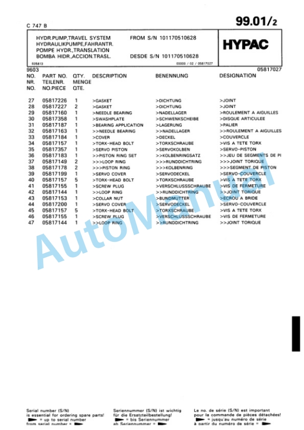 Hypac C 747 B Vibratory Double Drum Compactor Spare Parts Catalogue 00810994-4