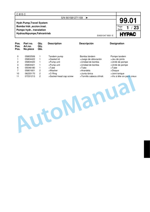 Hypac C 815 C Single Drum Wheel Drive Vibratory Roller Spare Parts Catalogue 00817653 3 Hypac C 815 C Single Drum Wheel Drive Vibratory Roller Spare Parts Catalogue 00817653-3