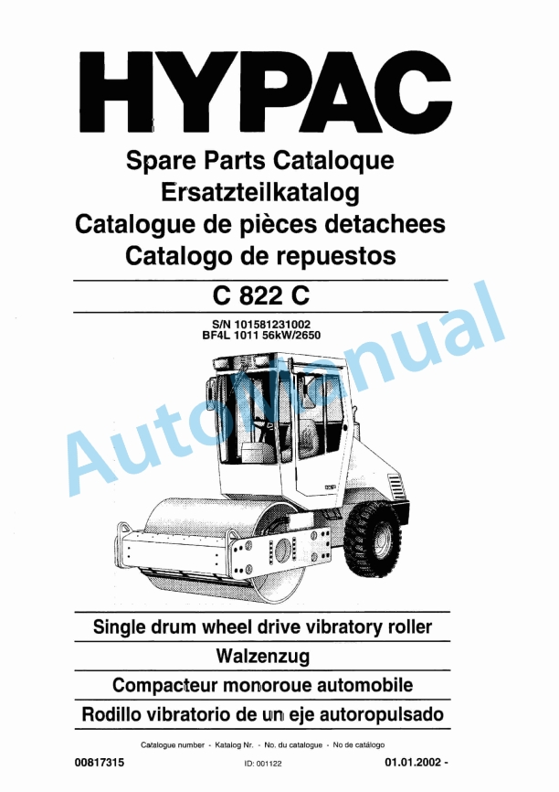 Hypac C 822 C Single Drum Wheel Drive Vibratory Roller Spare Parts Catalogue 00817315