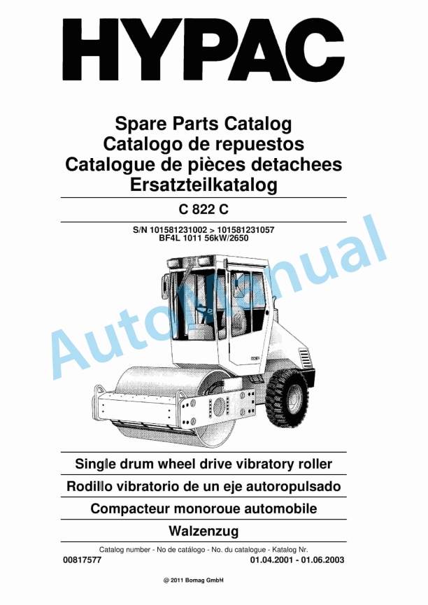 Hypac C 822 C Single Drum Wheel Drive Vibratory Roller Spare Parts Catalogue 00817577