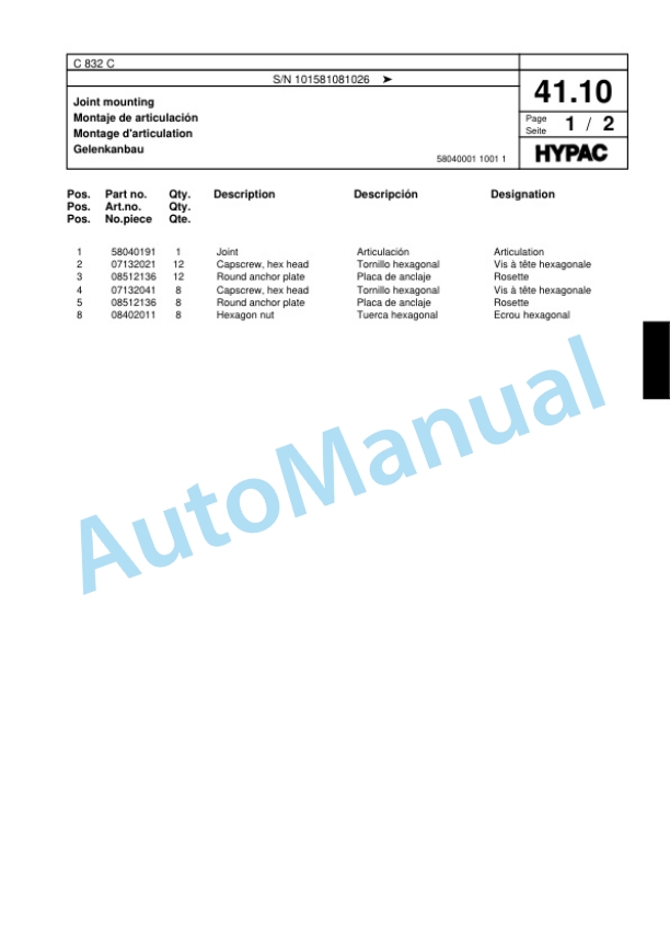 Hypac C 832 C Single Drum Wheel Drive Vibratory Roller Spare Parts Catalogue 00817579 2 Hypac C 832 C Single Drum Wheel Drive Vibratory Roller Spare Parts Catalogue 00817579-2